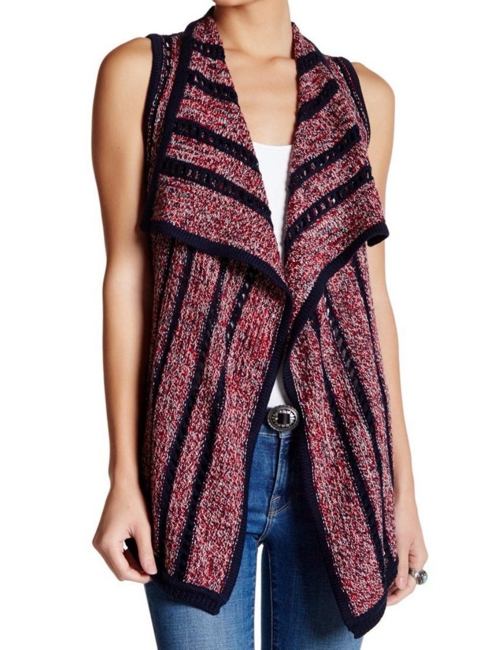 Lucky Brand Red & Navy Open-Front Sleeveless Knit Vest